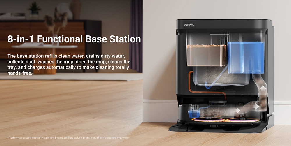 Eureka J15 Pro Ultra Robot Aspirateur et Laveur avec Base d'Auto-vidange, Aspiration 16.200Pa, Lavage à Eau Chaude & Séchage à l'Air, Anti-Enchevêtrement, Évitement d'Obstacles par IA, Noir