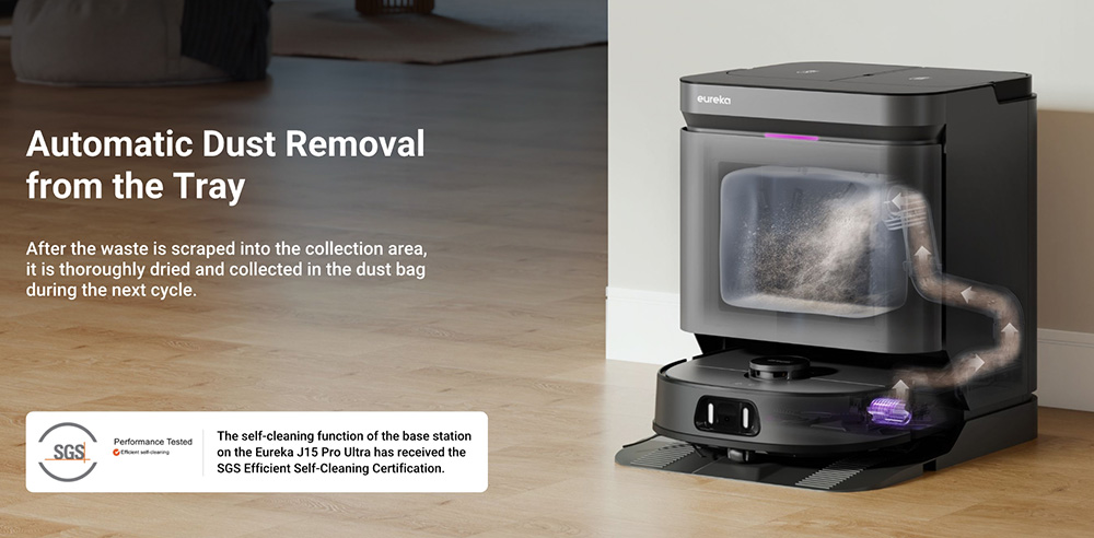 Eureka J15 Pro Ultra Robot Aspirateur et Laveur avec Base d'Auto-vidange, Aspiration 16.200Pa, Lavage à Eau Chaude & Séchage à l'Air, Anti-Enchevêtrement, Évitement d'Obstacles par IA, Noir