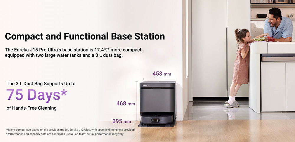 Eureka J15 Pro Ultra Robot Aspirateur et Laveur avec Base d'Auto-vidange, Aspiration 16.200Pa, Lavage à Eau Chaude & Séchage à l'Air, Anti-Enchevêtrement, Évitement d'Obstacles par IA, Noir