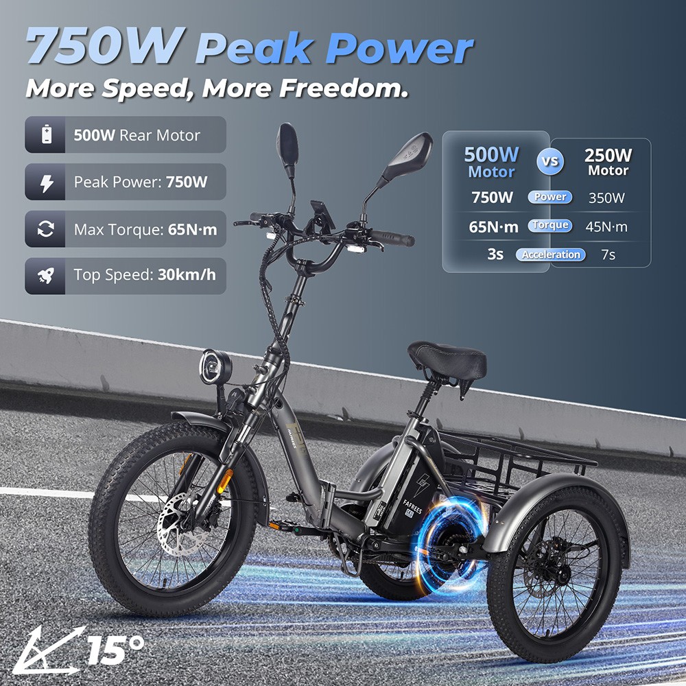 FAFREES F20 Mate Electric Cargo Tricycle Upgrade Version, 500W Motor, 48V 21Ah Battery, 20*3.0 inch Tires, 25km/h Max Speed, 115km Max Range, Hydraulic Disc Brakes, Triple Suspension System, Aluminum Differential - Blue