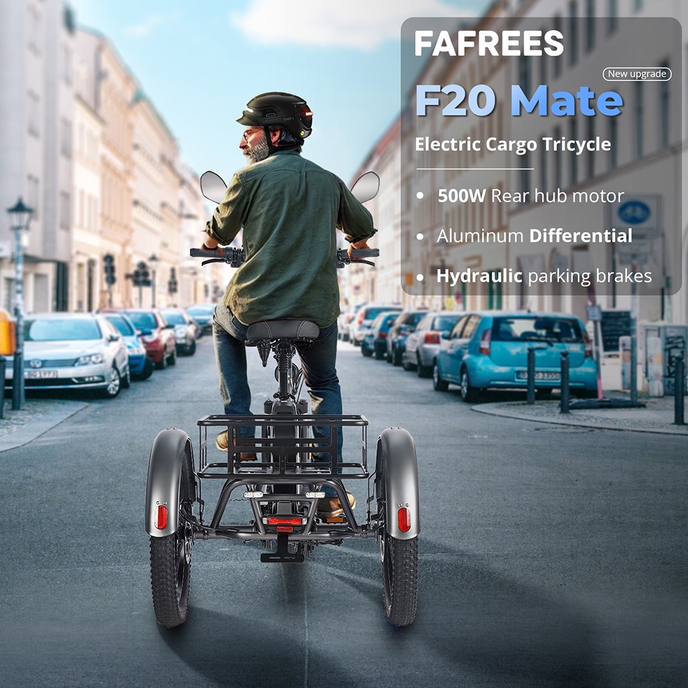 FAFREES F20 Mate Elektromos Teherszállító Tricikli Frissített Verzió, 500 W-os Motor, 48 V 23,45 Ah Akkumulátor, 20*3,0 hüvelykes Gumiabroncsok, 25 km/h Max. Sebesség, 120 km Max. Hatótávolság, Hidraulikus Tárcsafékek, Hármas Felfüggesztési Rendszer, Alumínium Differenciálmű - Kék