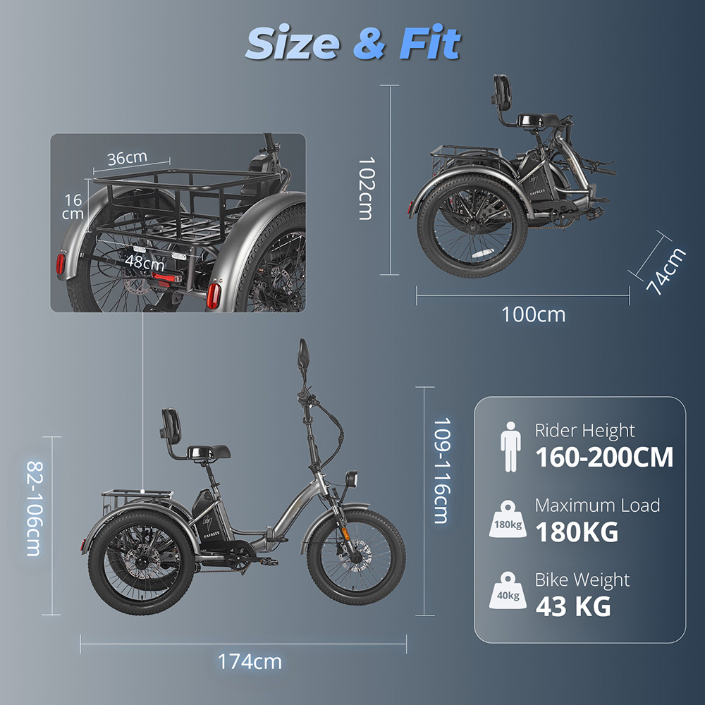 FAFREES F20 Mate Elektromos Teherszállító Tricikli Frissített Verzió, 500 W-os Motor, 48 V 23,45 Ah Akkumulátor, 20*3,0 hüvelykes Gumiabroncsok, 25 km/h Max. Sebesség, 120 km Max. Hatótávolság, Hidraulikus Tárcsafékek, Hármas Felfüggesztési Rendszer, Alumínium Differenciálmű - Kék