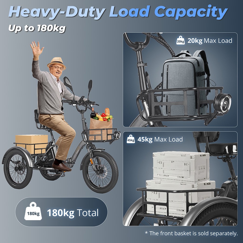 FAFREES F20 Mate Elektromos Teherszállító Tricikli Frissített Verzió, 500 W-os Motor, 48 V 23,45 Ah Akkumulátor, 20*3,0 hüvelykes Gumiabroncsok, 25 km/h Max. Sebesség, 120 km Max. Hatótávolság, Hidraulikus Tárcsafékek, Hármas Felfüggesztési Rendszer, Alumínium Differenciálmű - Kék