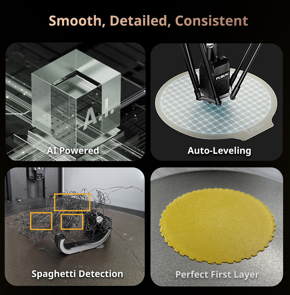 FLSUN S1 Pro Imprimante 3D Delta Ultra-Rapide 1200mm/s, 320*320*430mm, Détection Al, Nivellement Automatique, Firmware Klipper, Bloc Chaud Métallique 350℃, Chauffage par Zone Intelligente, Sécheur de Filament