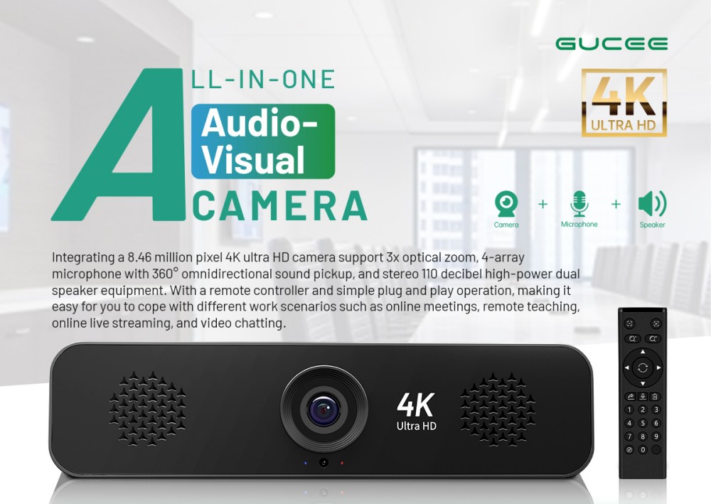 GUCEE G03-4K3X All-in-one Audio-visual Webcam, 4K Ultra HD, 115° Wide Angle, 3x Optical Zoom, 12m Voice Pickup, Plug and Play