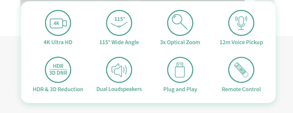 GUCEE G03-4K3X All-in-one Audio-visual Webcam, 4K Ultra HD, 115° Wide Angle, 3x Optical Zoom, 12m Voice Pickup, Plug and Play