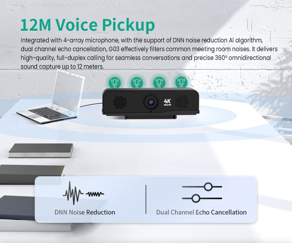 GUCEE G03-4K3X All-in-one Audio-visual Webcam, 4K Ultra HD, 115° Wide Angle, 3x Optical Zoom, 12m Voice Pickup, Plug and Play