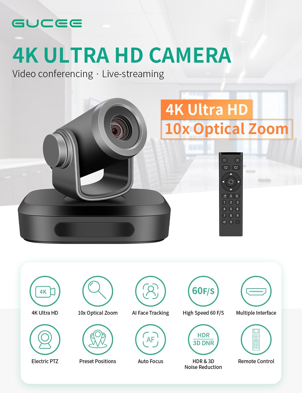 GUCEE G07-4K10X Plus Conference Webcam, 4K Ultra HD, 10x Optical Zoom, Auto Focus, HDR & 3D Noise Reduction
