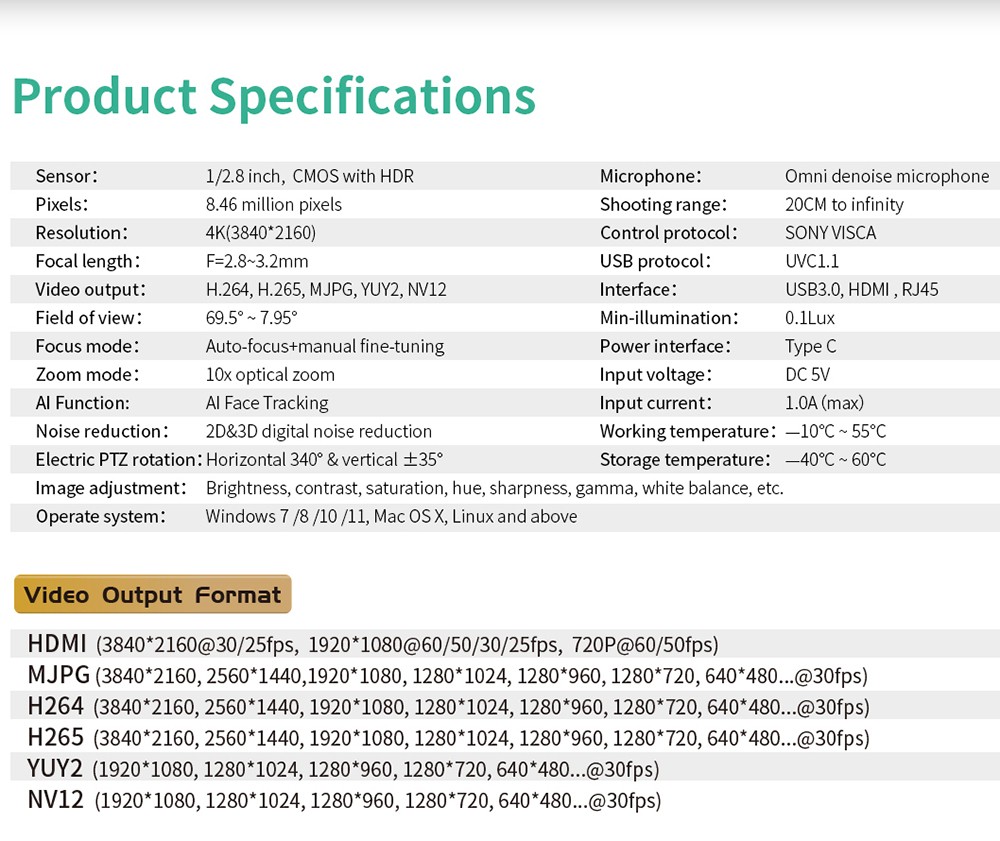 GUCEE G07-4K10X Plus Conference Webcam, 4K Ultra HD, 10x Optical Zoom, Auto Focus, HDR & 3D Noise Reduction