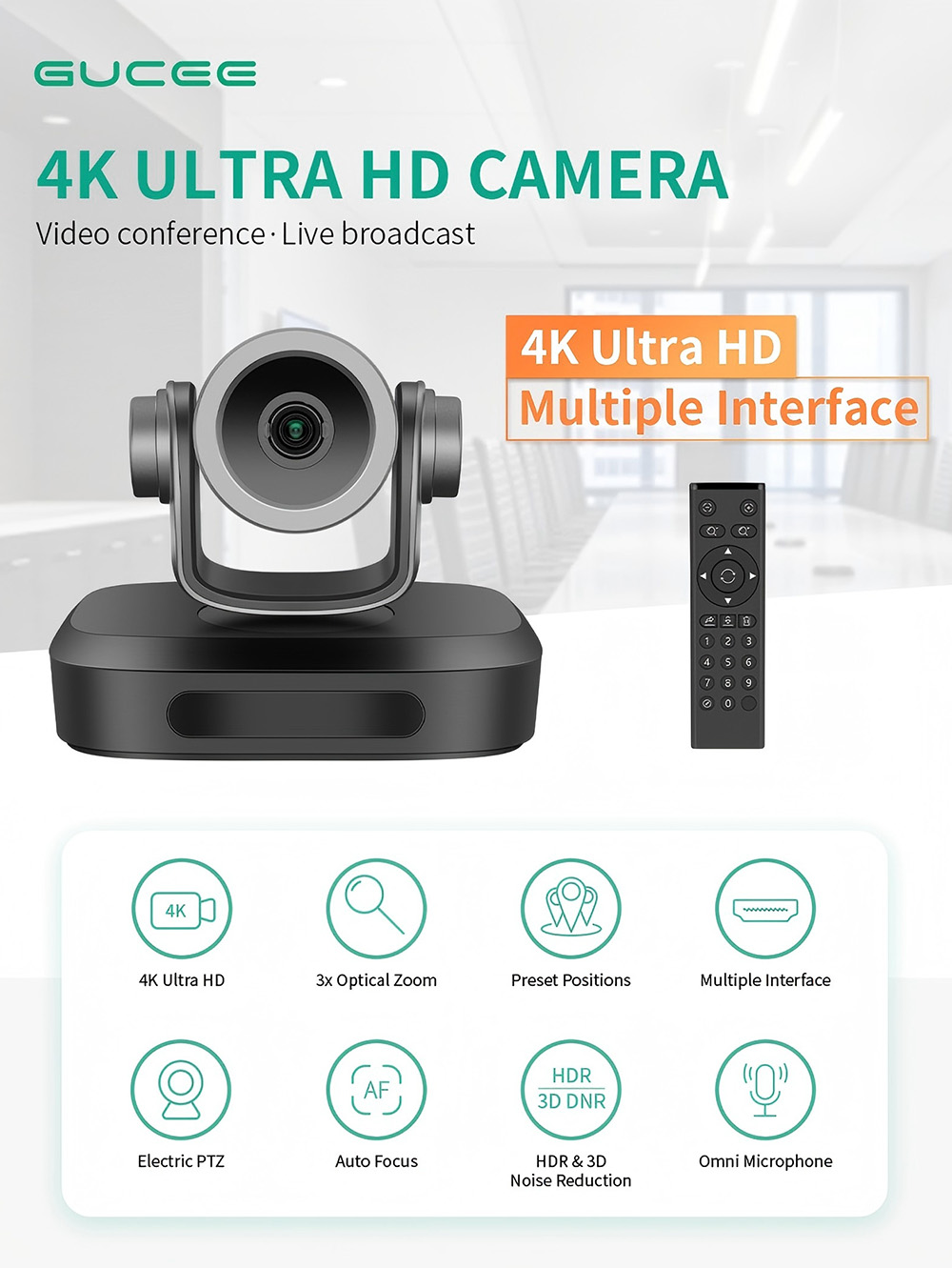 GUCEE G07-4K3X Plus Conference Webcam, 4K Ultra HD, 3x Optical Zoom, Auto Focus, HDR & 3D Noise Reduction