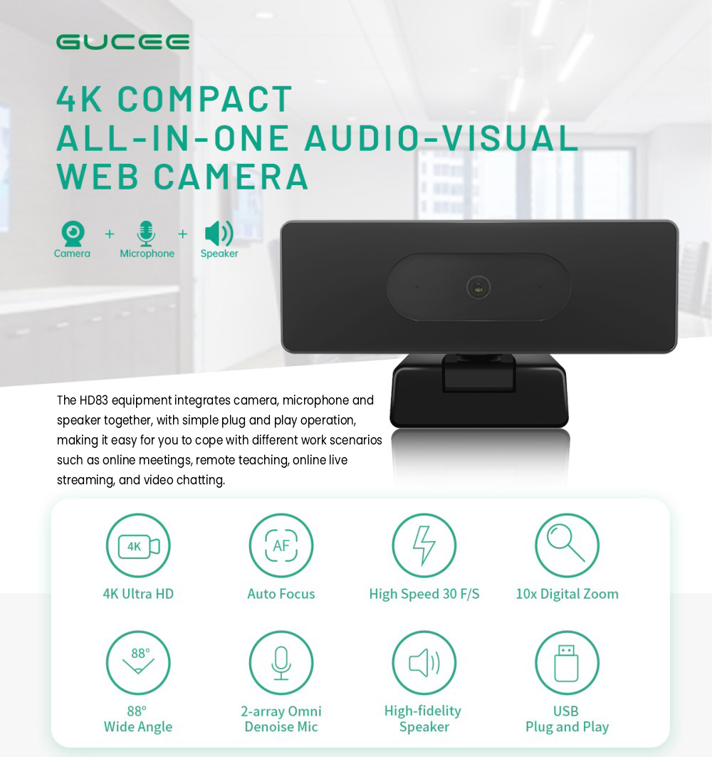 GUCEE HD83-4KAF All-in-one Audio-visual Webcam, 4K Ultra HD, Auto Focus, High Speed 30 F/S, 10x Digital Zoom, 88° Wide Angle, USB Plug and Play