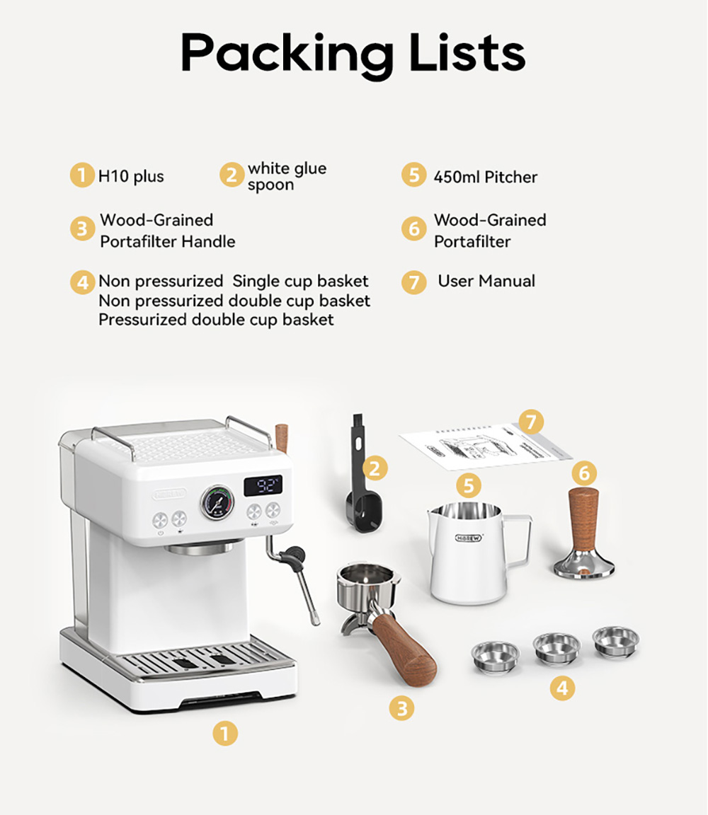 HIBREW H10Plus eszpresszó kávéfőző, 20 Bar nyomású félautomata kávéfőző, gyors melegítés, hőmérséklet-szabályozás, gőzhabosító cappuccino latte-hez, kompakt rozsdamentes acél (latte art csésze nem tartozék)