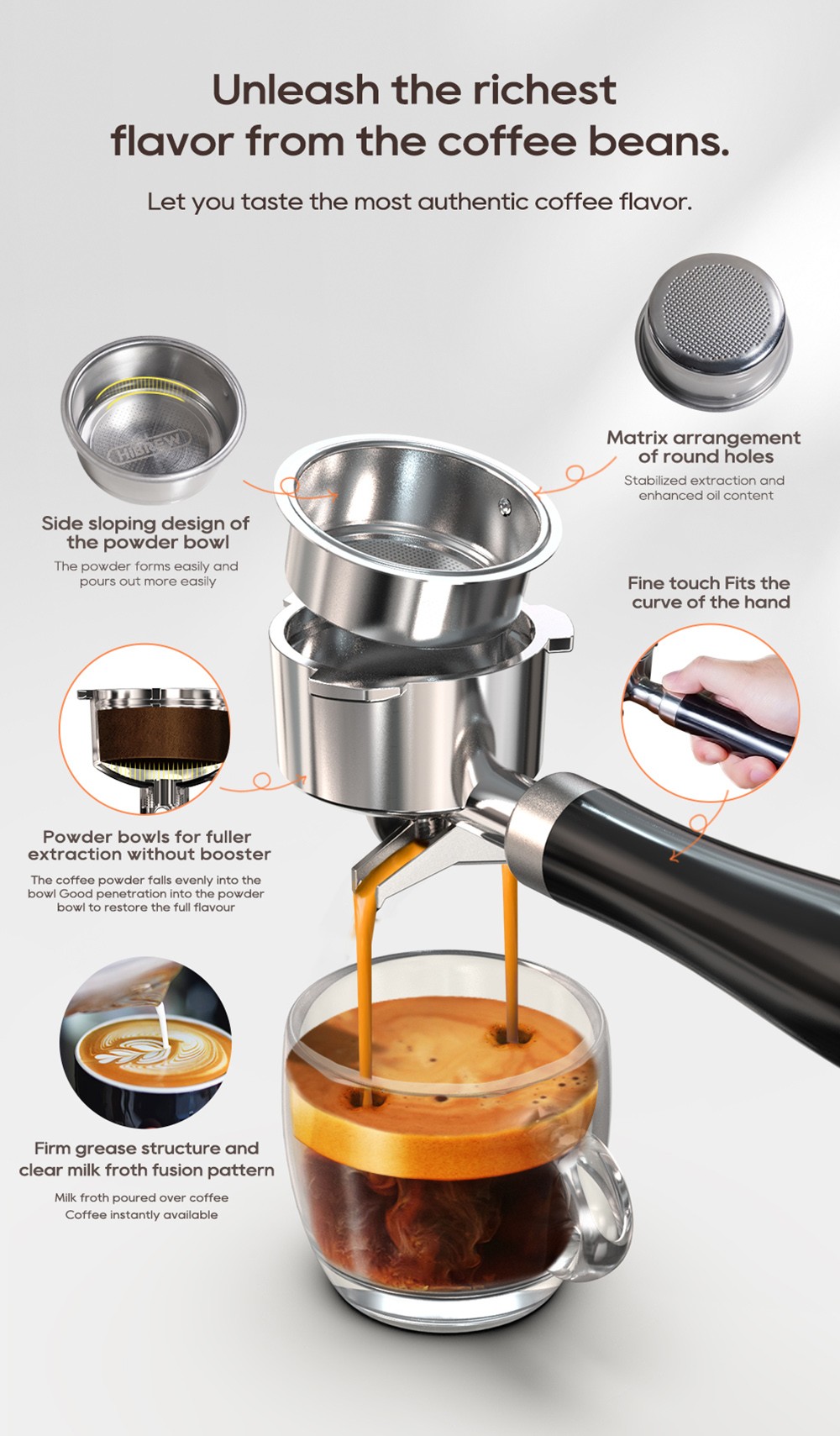 HiBREW H10B Semi-Automatic Espresso Coffee Machine 20Bar Professional with Adjustable Temperature & Cup Volume 51mm Aluminum Portafilter 1.3L Removable Water Tank Beige