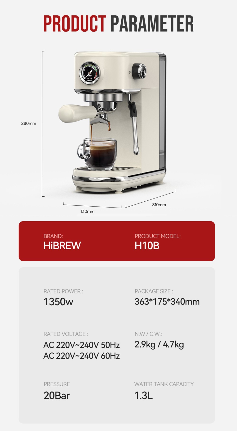 HiBREW H10B Semi-Automatic Espresso Coffee Machine 20Bar Professional with Adjustable Temperature & Cup Volume 51mm Aluminum Portafilter 1.3L Removable Water Tank Beige