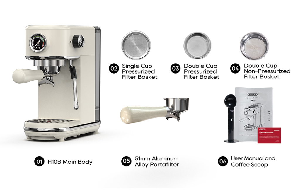 HiBREW H10B Semi-Automatic Espresso Coffee Machine 20Bar Professional with Adjustable Temperature & Cup Volume 51mm Aluminum Portafilter 1.3L Removable Water Tank Beige