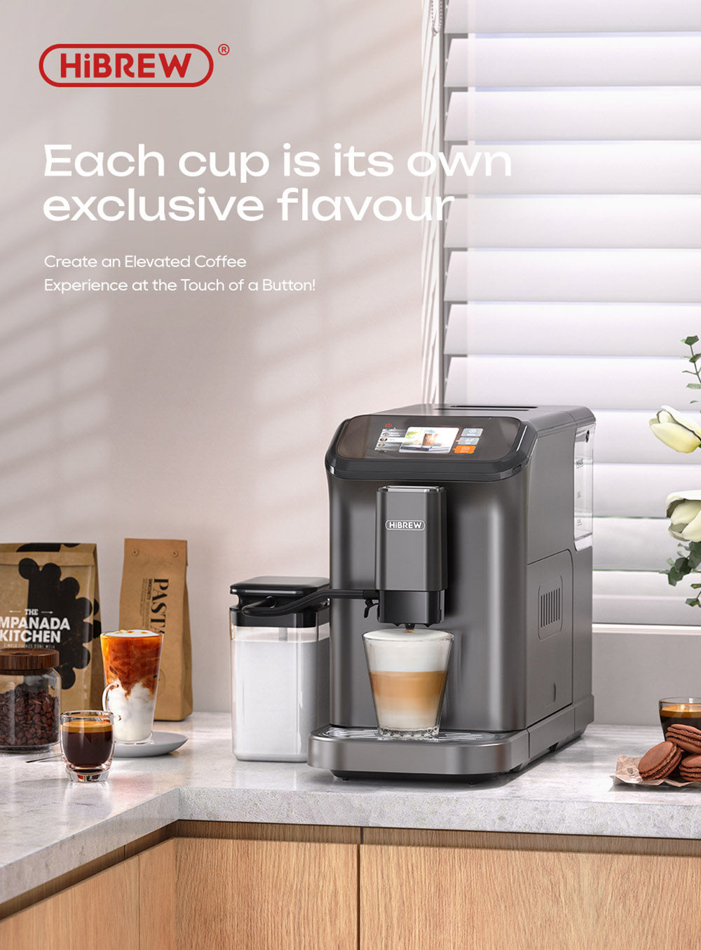 HiBREW H16 Machine à Espresso Automatique avec Moulin, Extraction 20Bar, Ecran Tactile 4.3inch, Réservoir à Lait amovible 1.5L