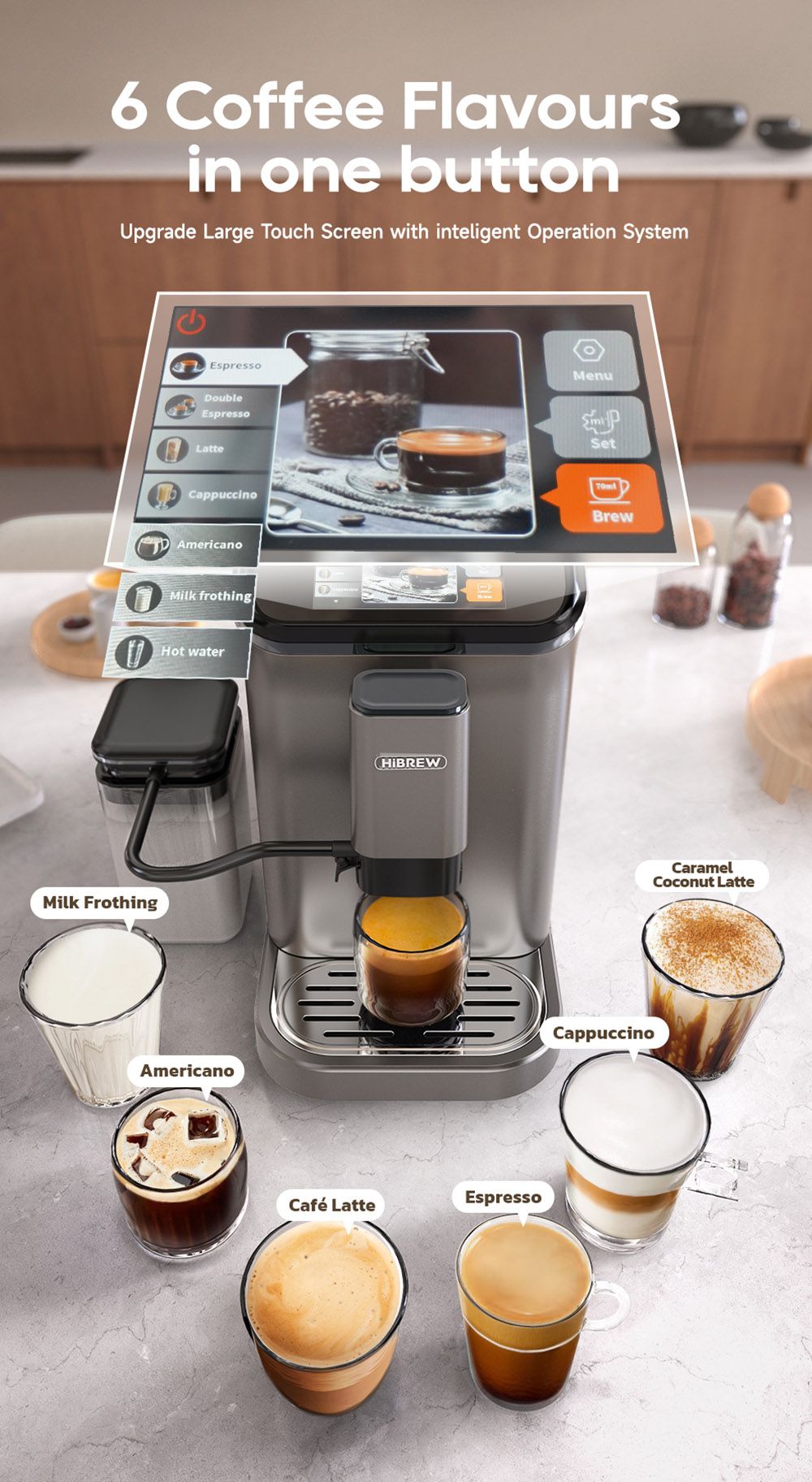 HiBREW H16 Machine à Espresso Automatique avec Moulin, Extraction 20Bar, Ecran Tactile 4.3inch, Réservoir à Lait amovible 1.5L