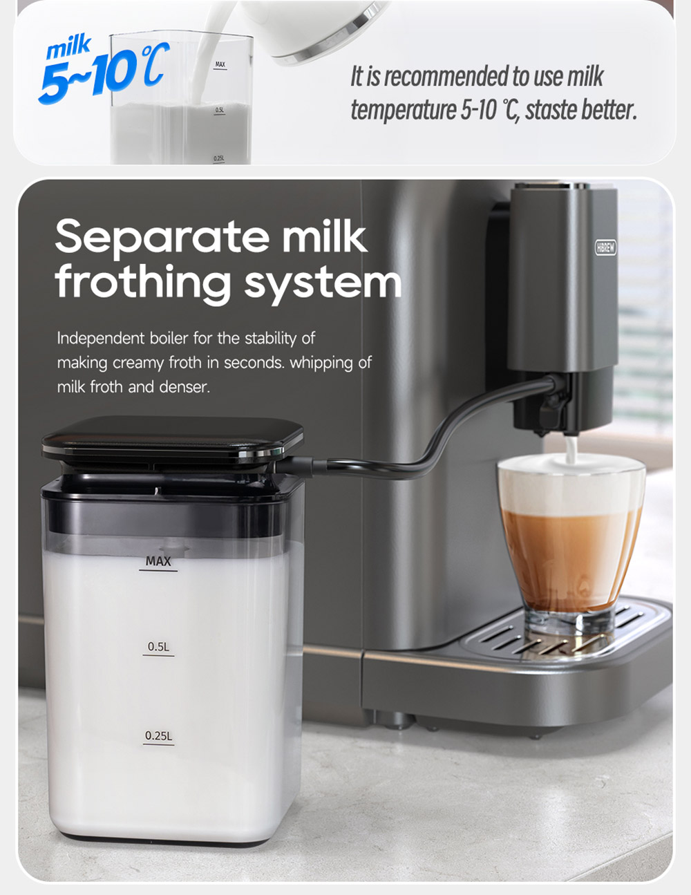 HiBREW H16 Machine à Espresso Automatique avec Moulin, Extraction 20Bar, Ecran Tactile 4.3inch, Réservoir à Lait amovible 1.5L