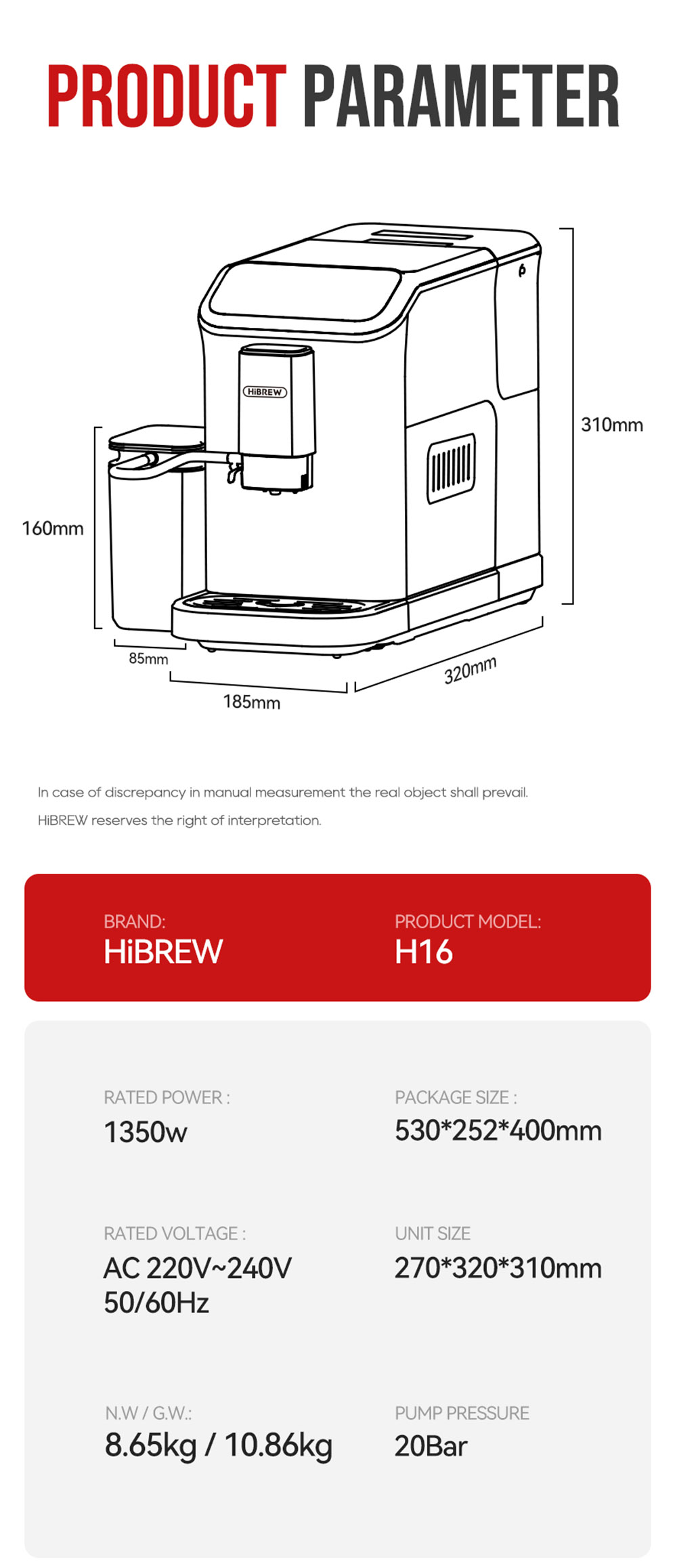 HiBREW H16 Machine à Espresso Automatique avec Moulin, Extraction 20Bar, Ecran Tactile 4.3inch, Réservoir à Lait amovible 1.5L
