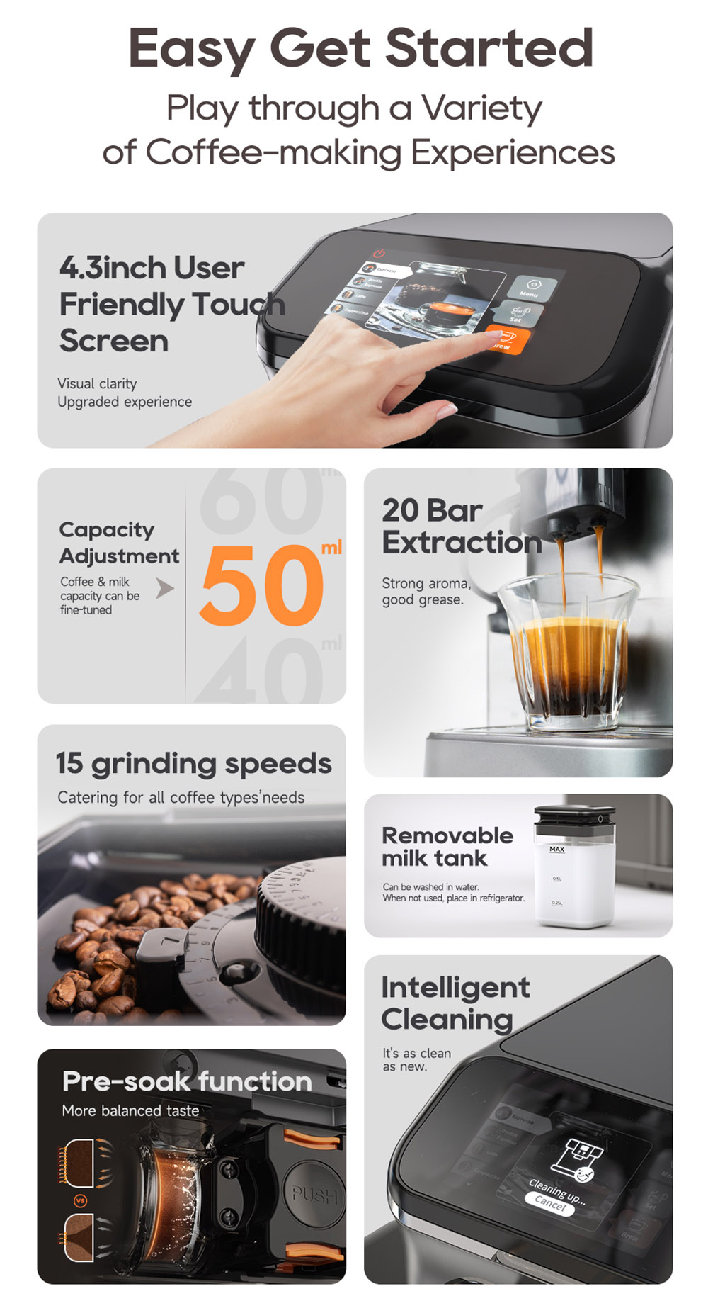 HiBREW H16 Machine à Espresso Automatique avec Moulin, Extraction 20Bar, Ecran Tactile 4.3inch, Réservoir à Lait amovible 1.5L