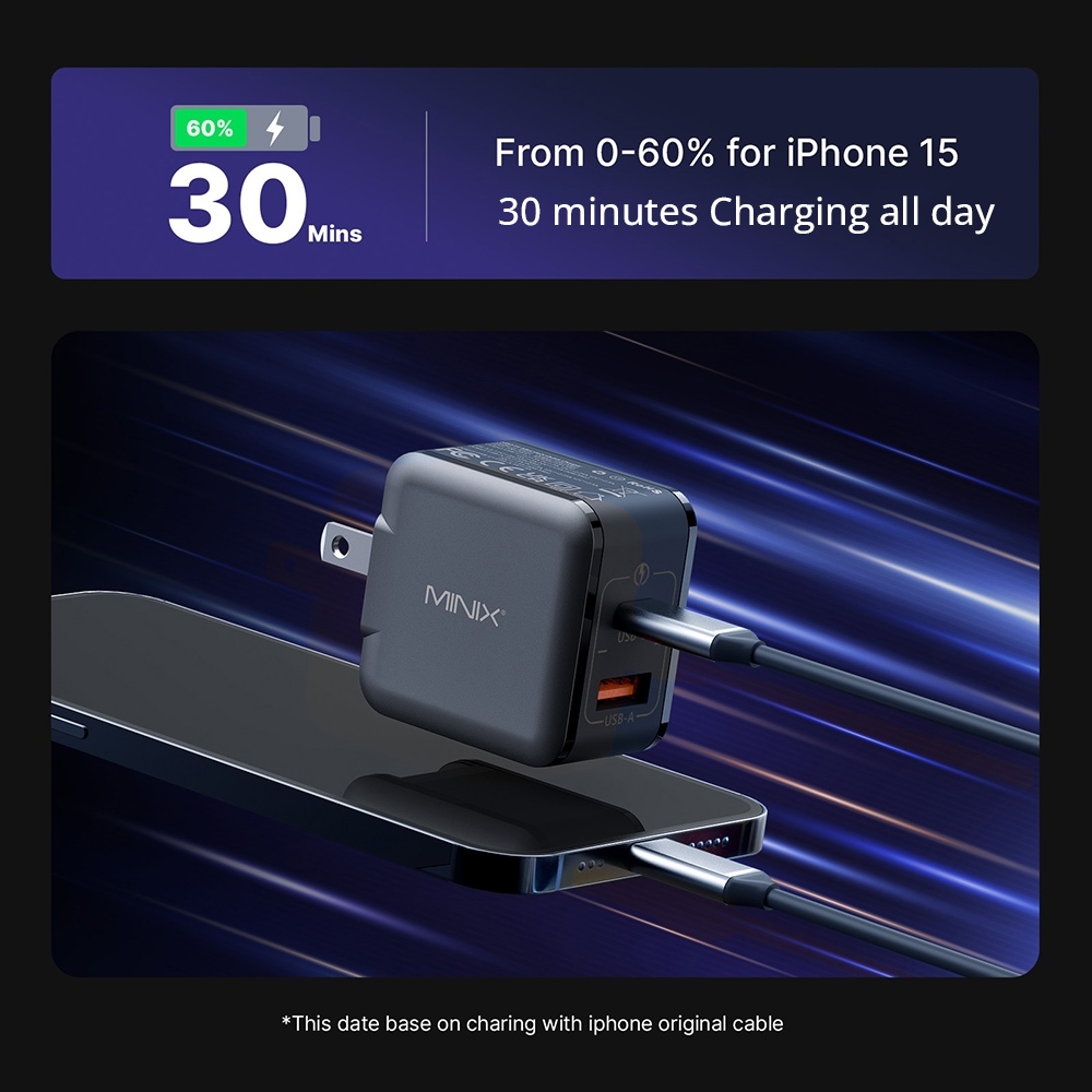 Adaptateur MINIX P1 Mini 33 W, chargeur universel à double port, 1 USB-A, 1 USB-C