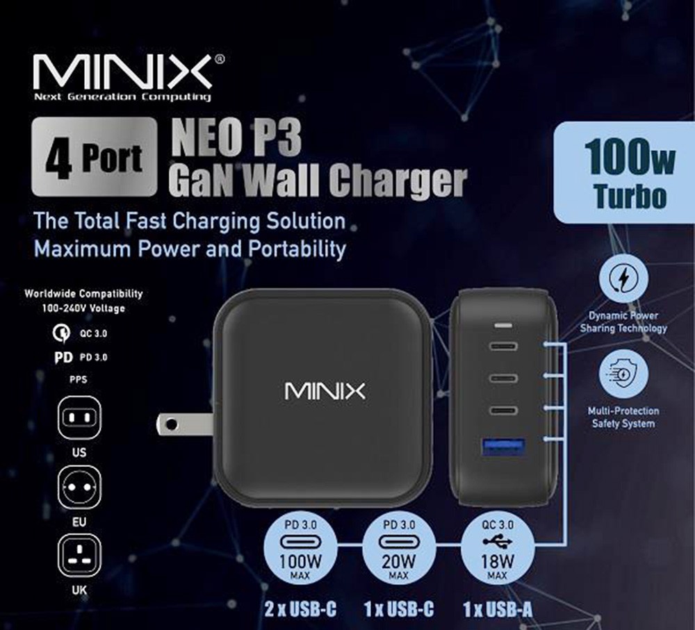 MINIX P3 100W Fast Charger, 3*Type-C + 1*USB-A Ports for Traveling, Universal Compatibility