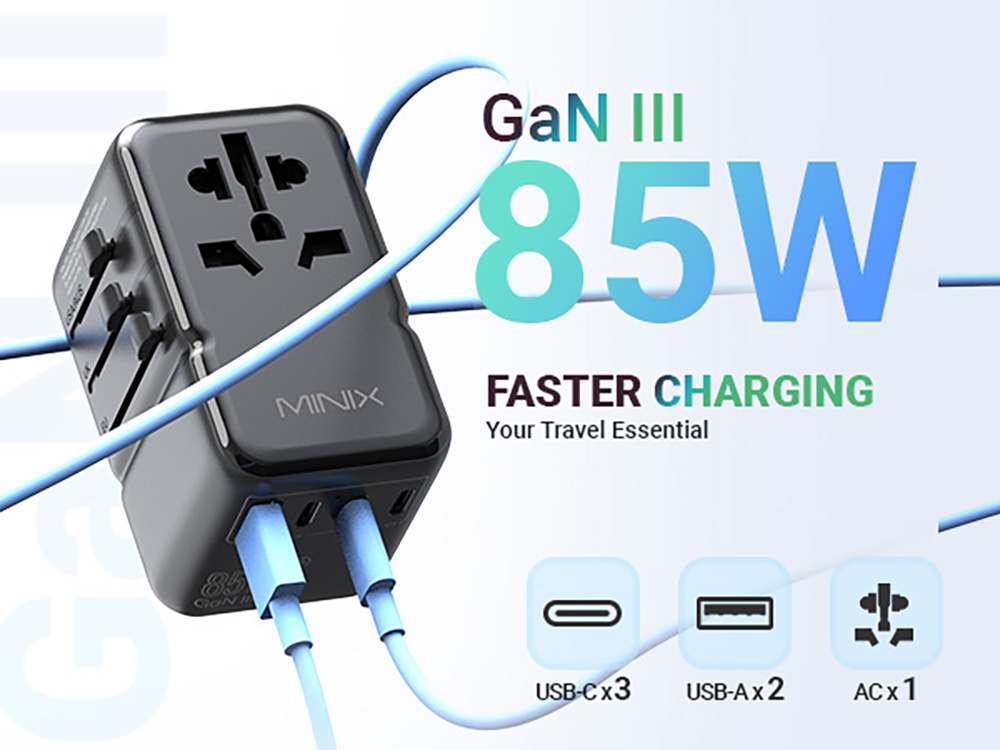 MINIX TP85 85W Universal Travel Adapter, 3 USB-C, 2 USB-A