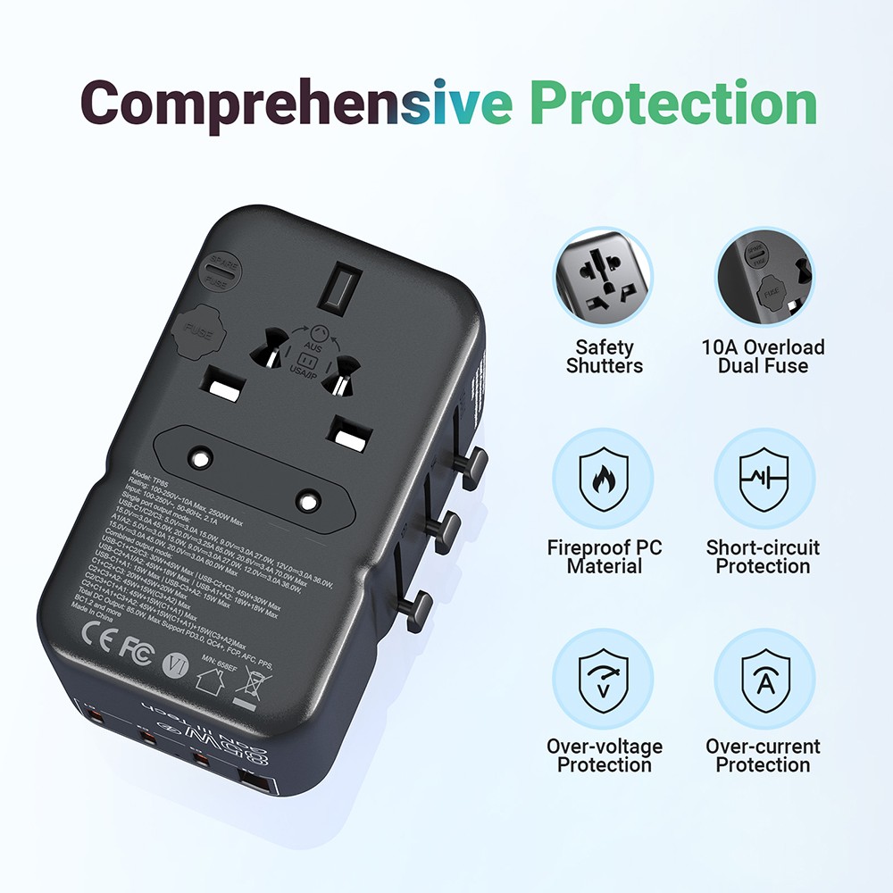 MINIX TP85 85W Universal Travel Adapter, 3 USB-C, 2 USB-A