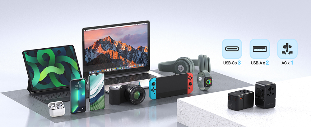 MINIX TP85 85W Universal Travel Adapter, 3 USB-C, 2 USB-A