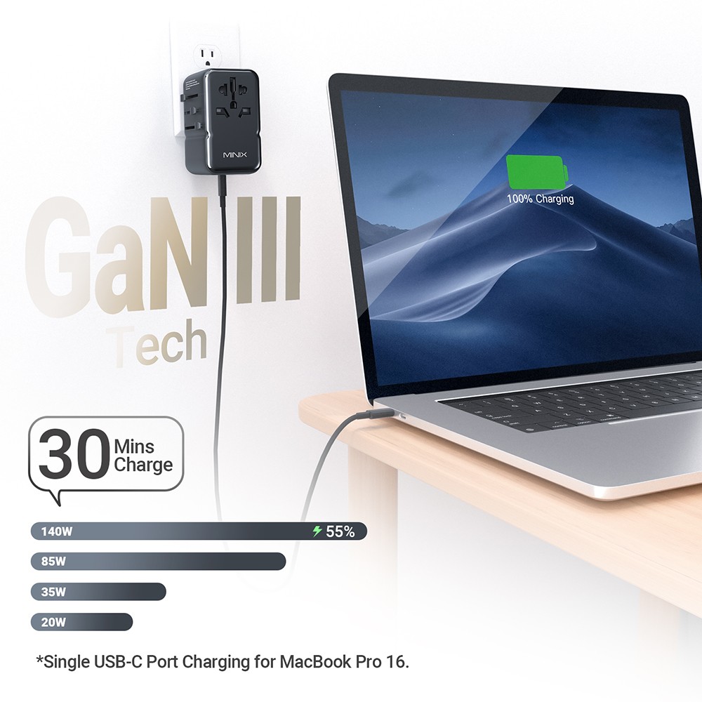 MINIX TP85 85W Universal Travel Adapter, 3 USB-C, 2 USB-A