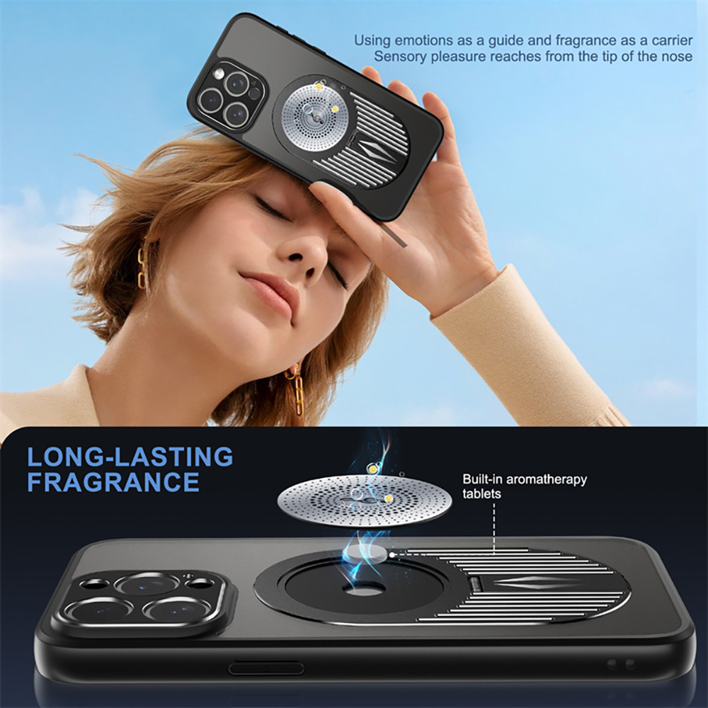 Magnetic Phone Case for iPhone 16 Pro Max, Shockproof, Bracket, Aromatherapy & Heat-Dissipating, Black