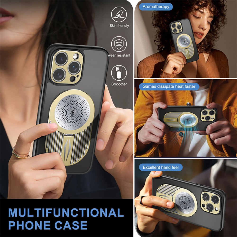 Magnetic Phone Case for iPhone 16 Pro Max, Shockproof, Bracket, Aromatherapy & Heat-Dissipating, Golden