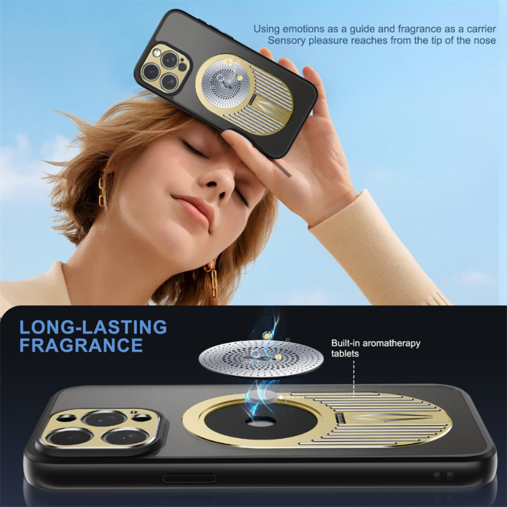 Magnetic Phone Case for iPhone 16 Pro Max, Shockproof, Bracket, Aromatherapy & Heat-Dissipating, Golden