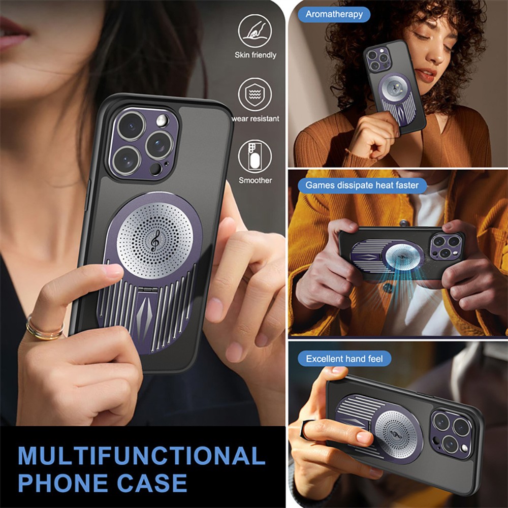 Magnetic Phone Case for iPhone 16 Pro Max, Shockproof, Bracket, Aromatherapy & Heat-Dissipating, Purple