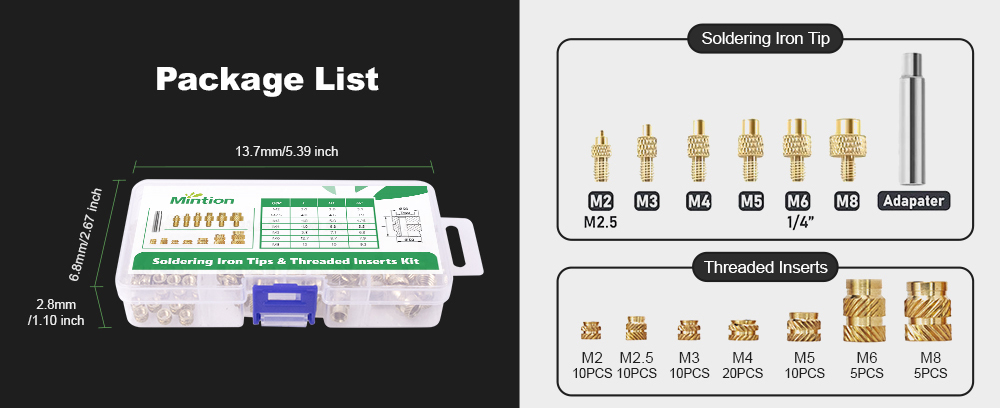Mintion Heat Set Insert Tips and Threaded Inserts M2 M2.5 M3 M4 M5 M6 M8, with Soldering Iron Adapter, 3D Printer Accessories