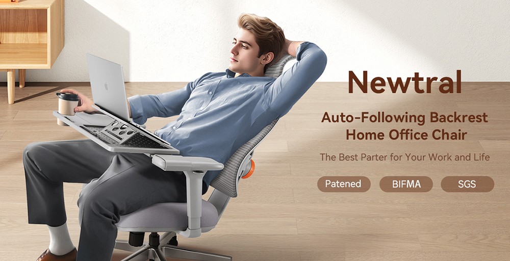 NEWTRAL MAGICH003 Ergonomischer Bürostuhl, automatisch mitlaufende Rückenlehne, adaptive Unterstützung des unteren Rückens, verstellbare Kopfstütze, grau