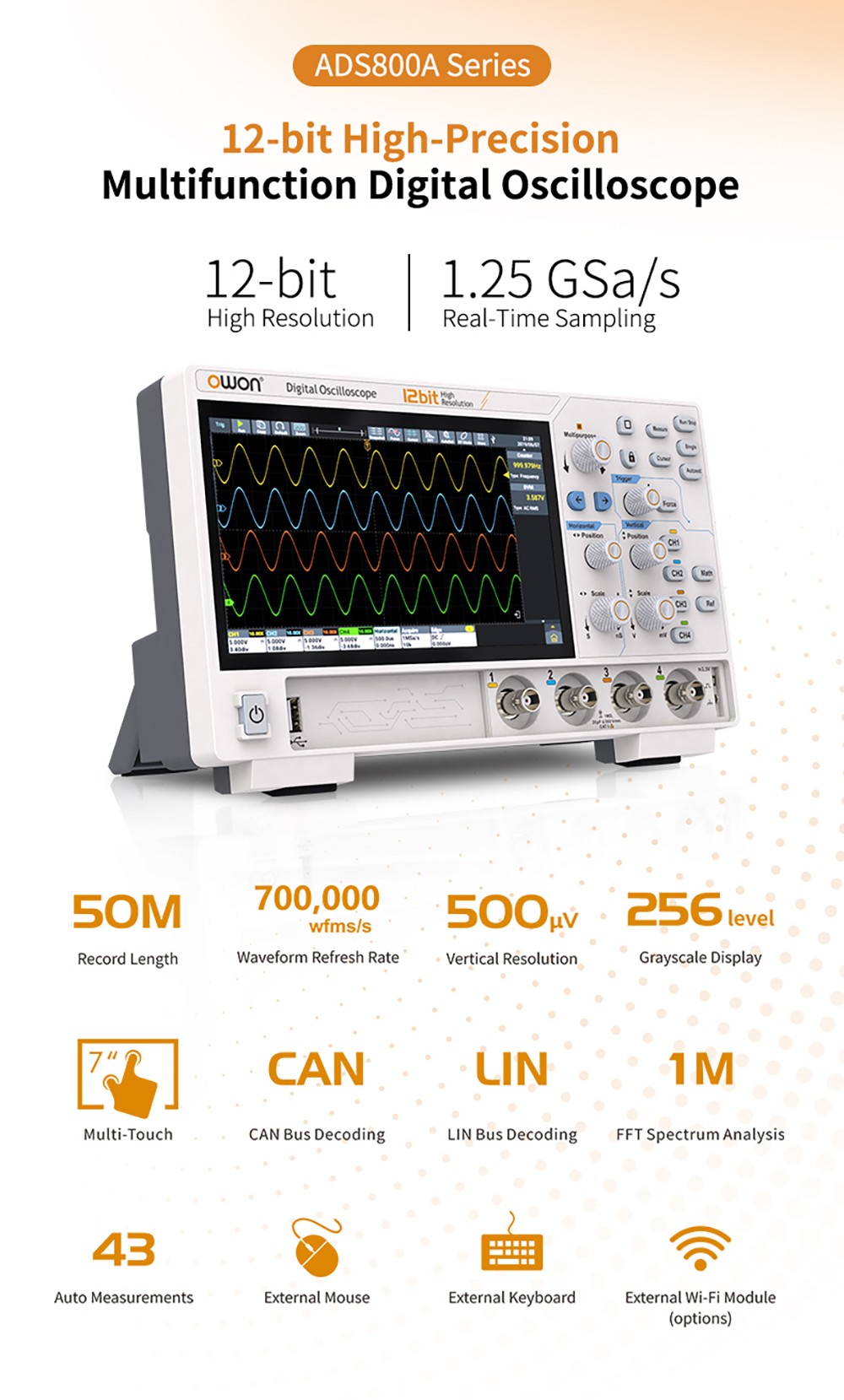 OWON ADS802A Digital Oscilloscope, 7-inch Touch Screen, 12Bit High Precision, Dual Channel, 70MHz Bandwidth, 1.25 GSa/s Sample Rate, 700,000 wfms/s Waveform, 50M Record, 500µV Resolution - AU Plug