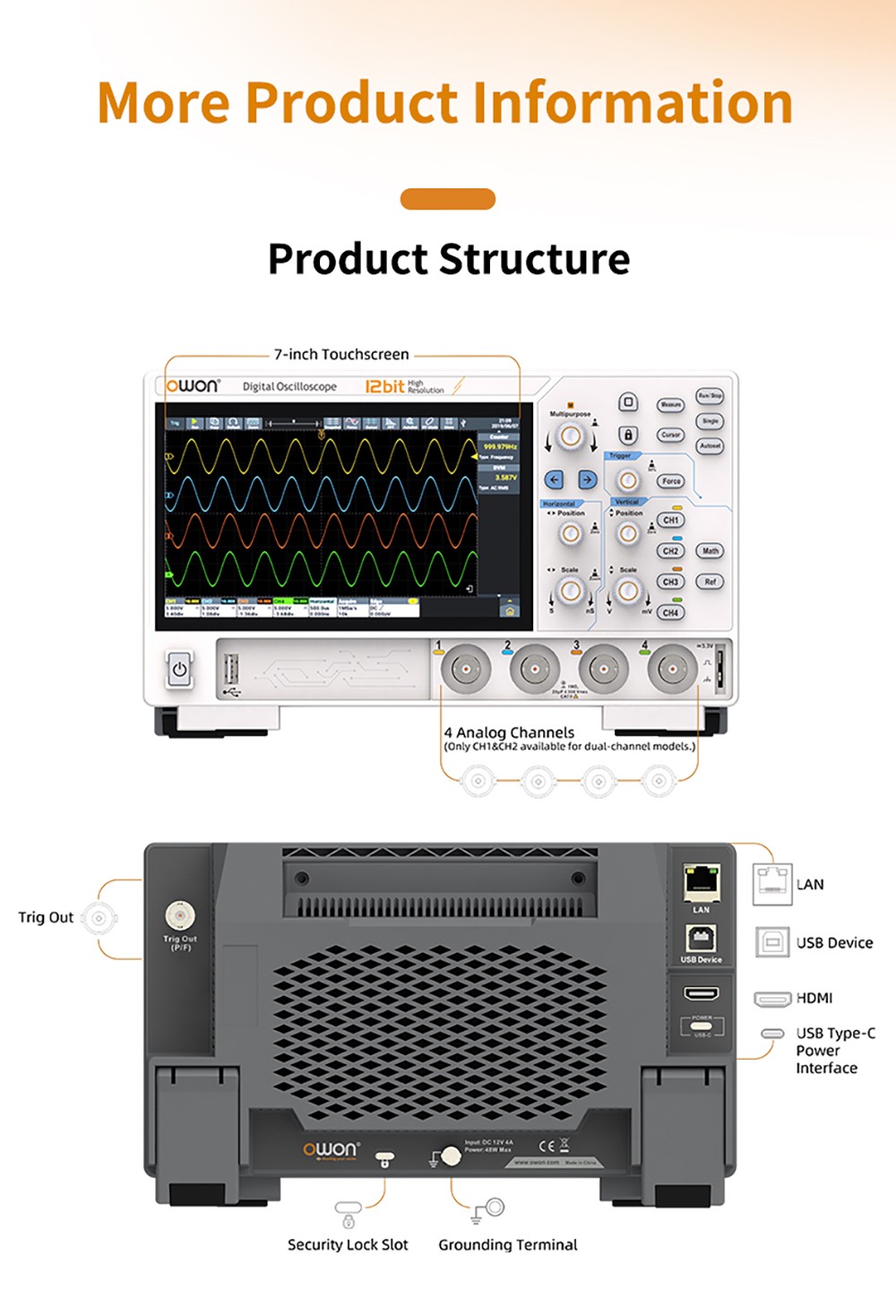 OWON ADS802A Digital Oscilloscope, 7-inch Touch Screen, 12Bit High Precision, Dual Channel, 70MHz Bandwidth, 1.25 GSa/s Sample Rate, 700,000 wfms/s Waveform, 50M Record, 500µV Resolution - AU Plug