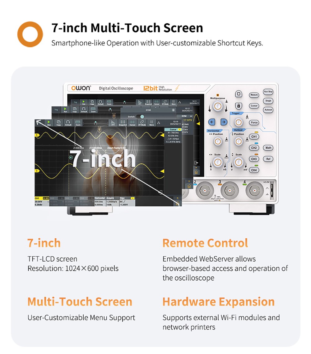 OWON ADS802A Digital Oscilloscope, 7-inch Touch Screen, 12Bit High Precision, Dual Channel, 70MHz Bandwidth, 1.25 GSa/s Sample Rate, 700,000 wfms/s Waveform, 50M Record, 500µV Resolution - AU Plug