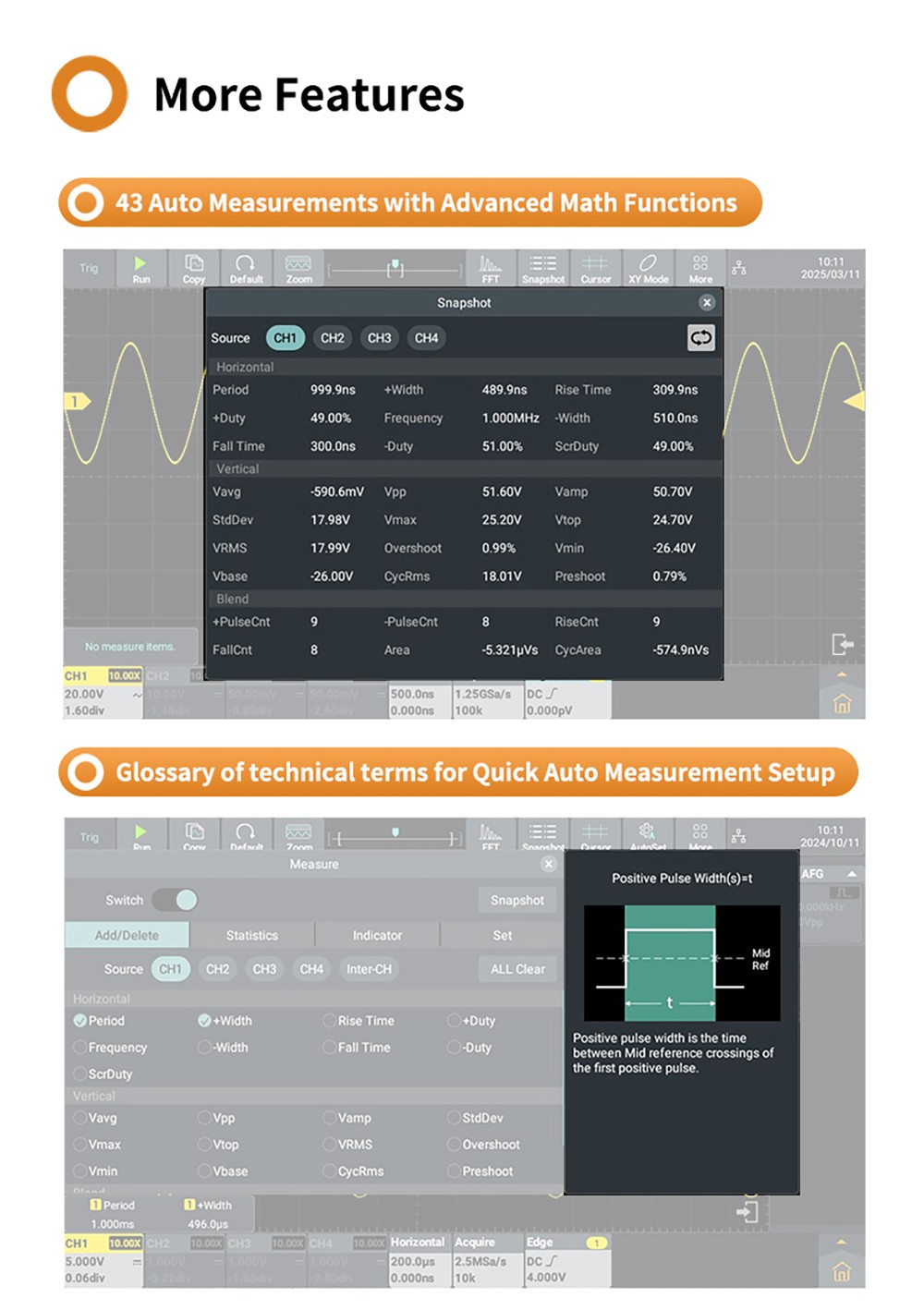 OWON ADS802A Digital Oscilloscope, 7-inch Touch Screen, 12Bit High Precision, Dual Channel, 70MHz Bandwidth, 1.25 GSa/s Sample Rate, 700,000 wfms/s Waveform, 50M Record, 500µV Resolution - AU Plug