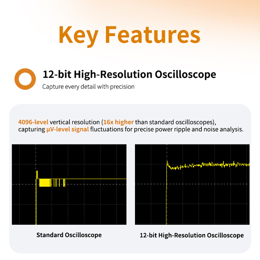 OWON ADS812A Digital Oscilloscope, 7-inch Touch Screen, 12Bit High Precision, Dual Channel, 100MHz Bandwidth, 1.25 GSa/s Sample Rate, 700,000 wfms/s Waveform, 50M Record, 500µV Resolution - EU Plug