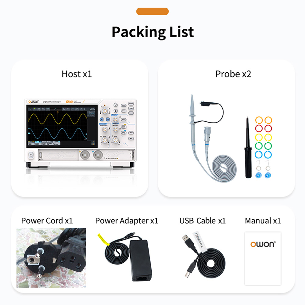 OWON ADS812A Digital Oscilloscope, 7-inch Touch Screen, 12Bit High Precision, Dual Channel, 100MHz Bandwidth, 1.25 GSa/s Sample Rate, 700,000 wfms/s Waveform, 50M Record, 500µV Resolution - EU Plug