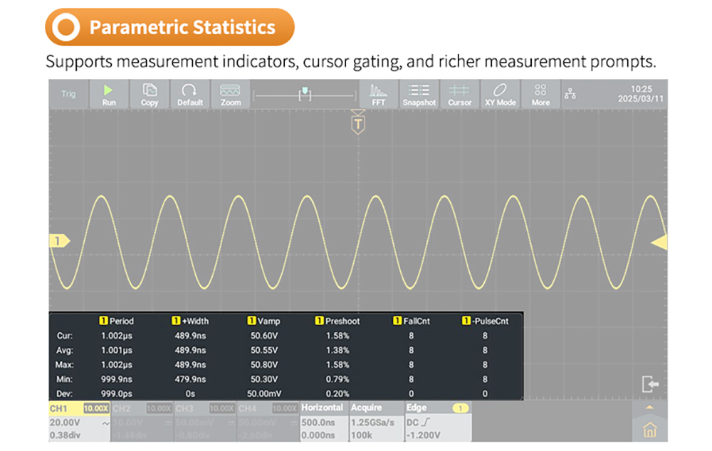 OWON ADS812A Digital Oscilloscope, 7-inch Touch Screen, 12Bit High Precision, Dual Channel, 100MHz Bandwidth, 1.25 GSa/s Sample Rate, 700,000 wfms/s Waveform, 50M Record, 500µV Resolution - EU Plug