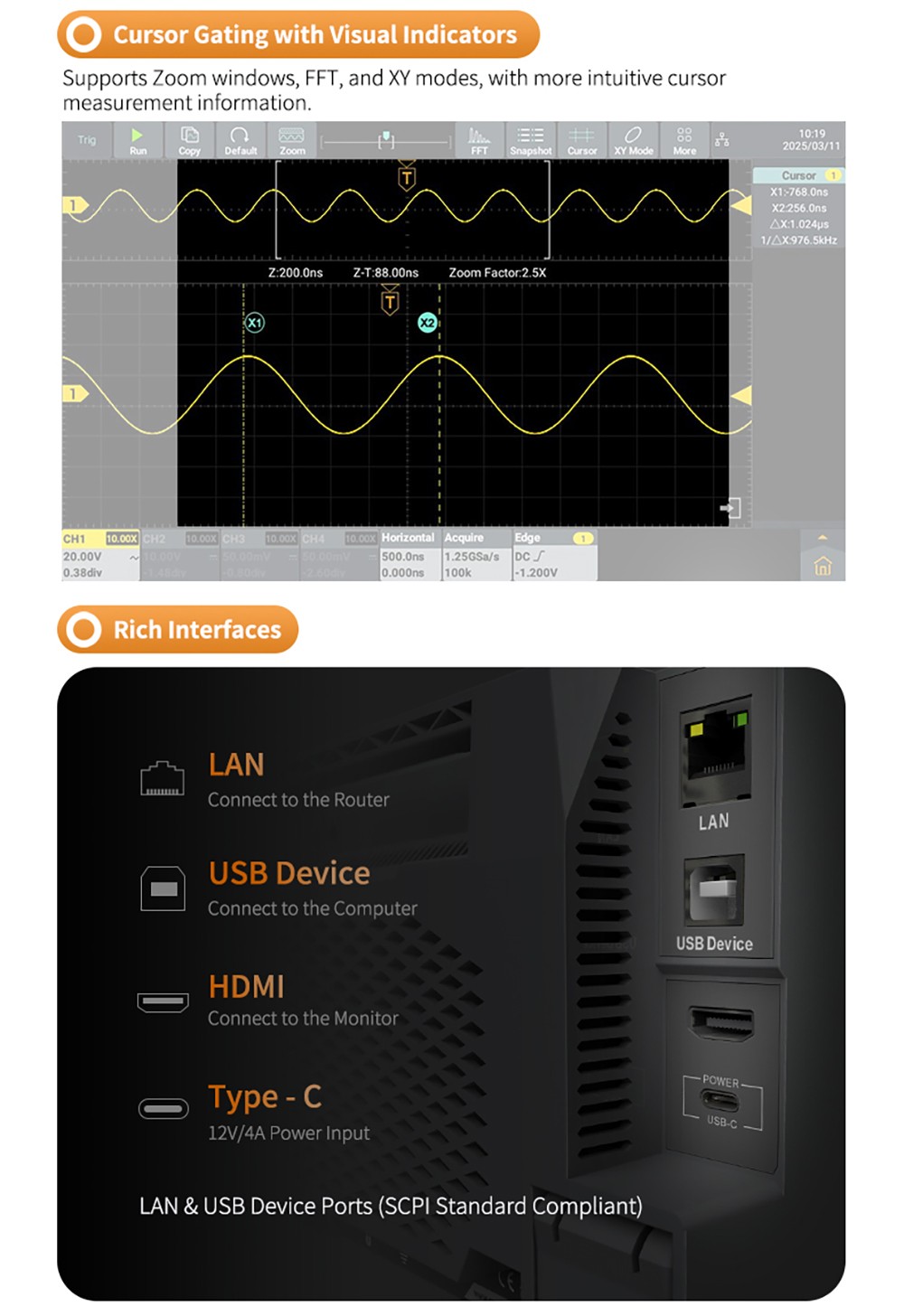 OWON ADS812A Digital Oscilloscope, 7-inch Touch Screen, 12Bit High Precision, Dual Channel, 100MHz Bandwidth, 1.25 GSa/s Sample Rate, 700,000 wfms/s Waveform, 50M Record, 500µV Resolution - EU Plug