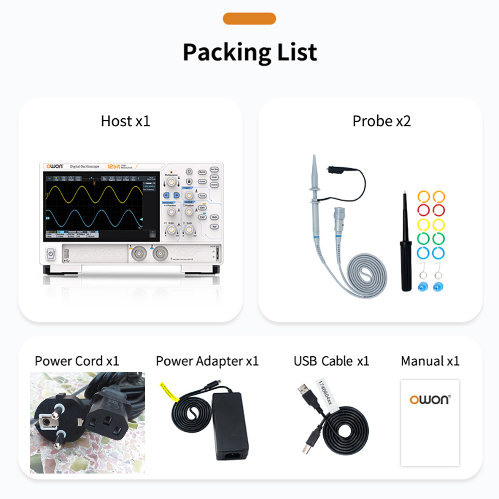 OWON ADS822A Digital Oscilloscope, 7-inch Touch Screen, 12Bit High Precision, Dual Channel, 200MHz Bandwidth, 1.25 GSa/s Sample Rate, 700,000 wfms/s Waveform, 50M Record, 500µV Resolution - EU Plug