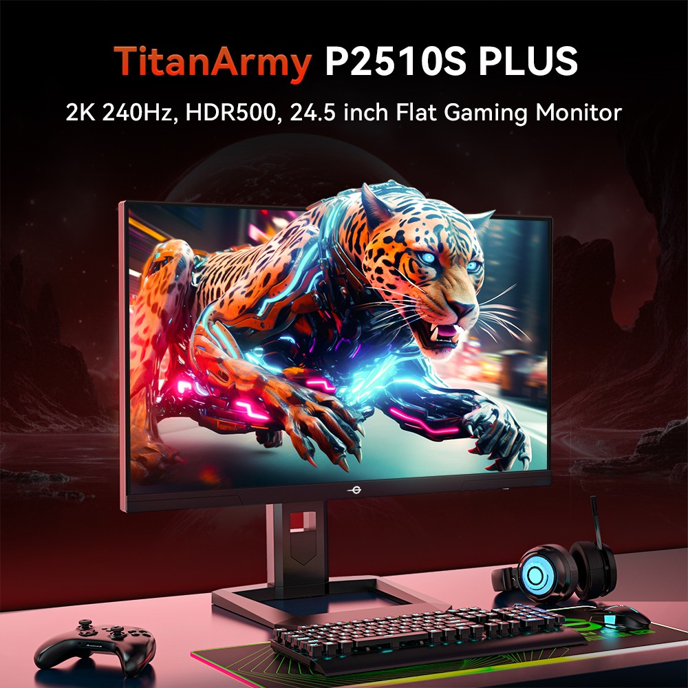TITAN ARMY P2510S PLUS Gaming Monitor, 24.5 inch 2560*1440 FAST IPS Screen, 240Hz Refresh Rate, HDR500, 123% sRGB, Adaptive-Sync, Game+ Assist, PIP/PBP Display, Dynamic OD, 12 Scenario Modes, Low Blue Light, 2*HDMI2.0, 2*DP1.4, 1*Audio out