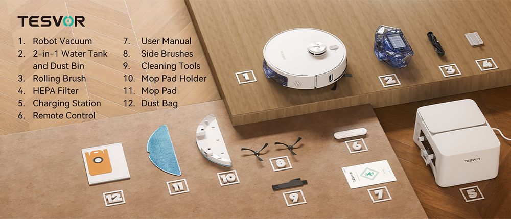 Tesvor S8 Max Robot Vacuum Cleaner, 3-in-1 Vacuum/Sweep/Mop, 8000Pa Super Suction, Up to 180min Runtime, Self-emptying, 2.5L Large Dust Bag, Remote/APP Control, LiDAR Navigation