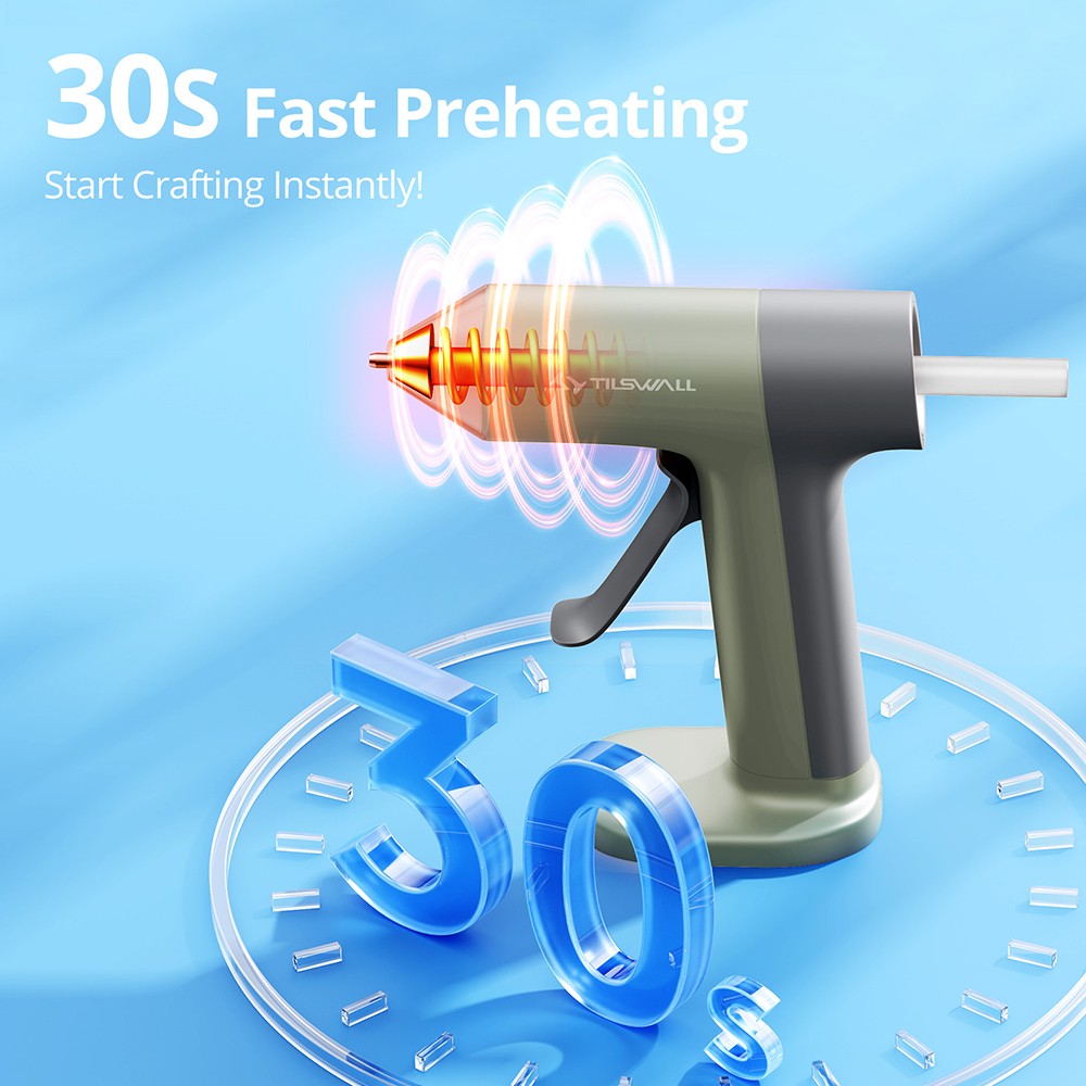 Tilswall W106 Cordless Hot Glue Gun, 4V 30s Fast Preheat, 2000mAh Type-C Rechargeable, Anti-Drip Nozzle, 20pcs Glue Sticks, Olive Green