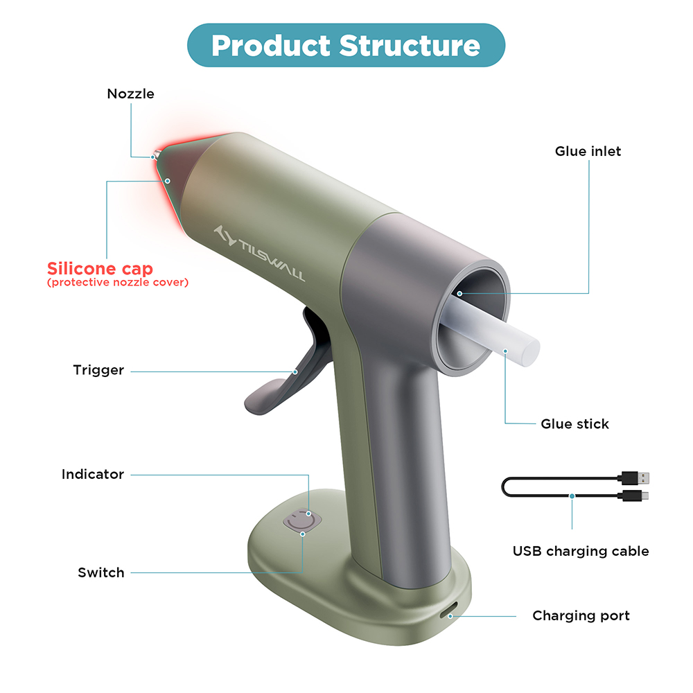 Tilswall W106 Cordless Hot Glue Gun, 4V 30s Fast Preheat, 2000mAh Type-C Rechargeable, Anti-Drip Nozzle, 20pcs Glue Sticks, Olive Green