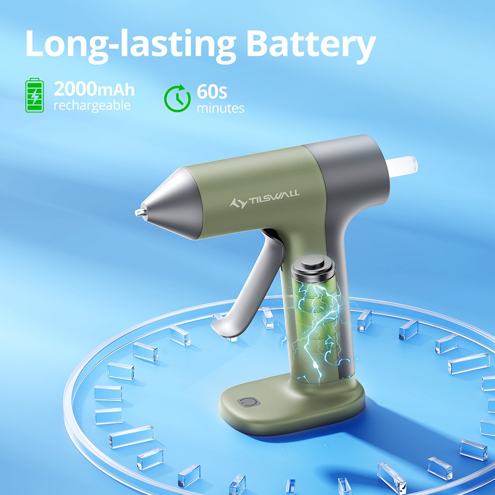 Tilswall W106 Cordless Hot Glue Gun, 4V 30s Fast Preheat, 2000mAh Type-C Rechargeable, Anti-Drip Nozzle, 20pcs Glue Sticks, Olive Green